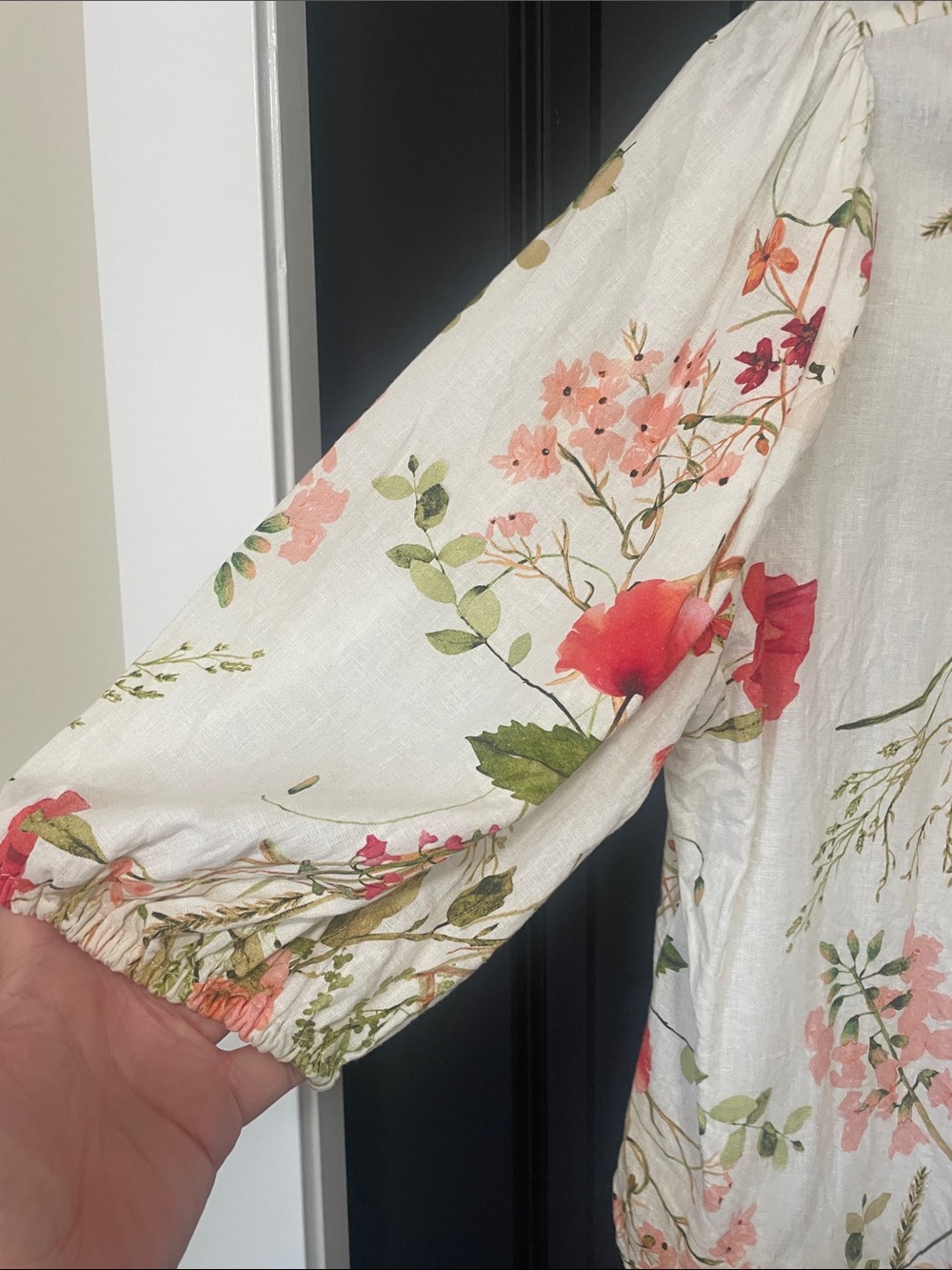 H&M Linen Blend Floral Button-Front Blouse with Pink & Green Accents - Picture 5 of 8